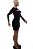 Silver Gray Sexy Solid Patchwork Asymmetrical Collar Pencil Skirt Dresses