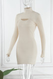 Skin Color Sexy Solid Hollowed Out Half A Turtleneck Long Sleeve Two Pieces