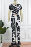 Black Sexy Print Patchwork O Neck Short Sleeve Two Pieces