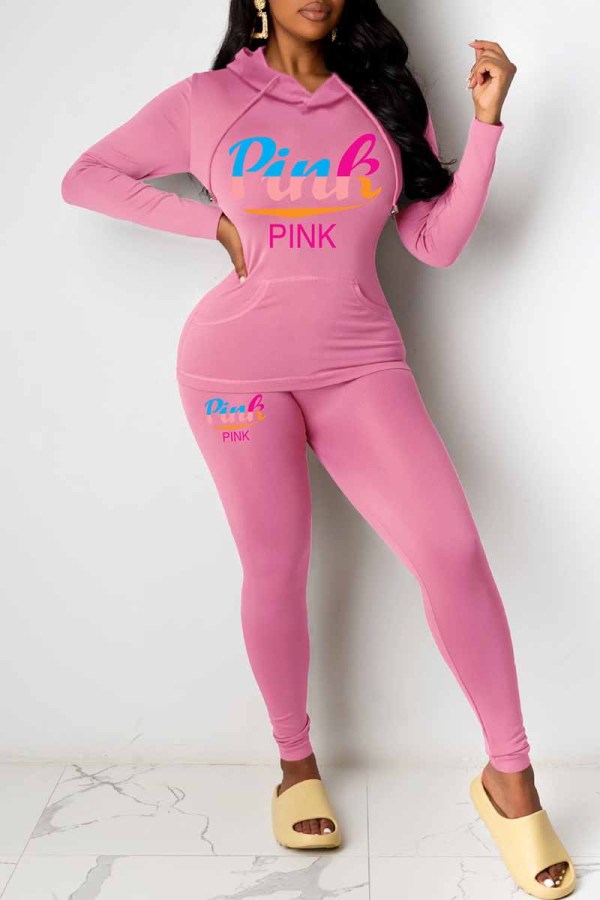 Pink Casual Print Letter Hooded Collar Long Sleeve Two Pieces