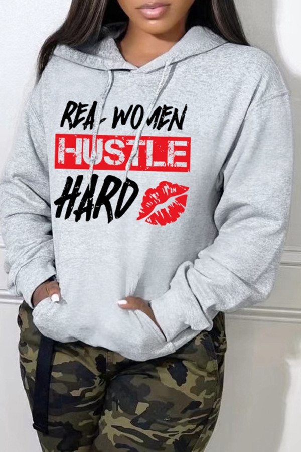 Grey Casual Letter Print Basic Hooded Collar Tops
