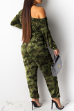 Green Casual Print Leopard Patchwork One Shoulder Harlan Jumpsuits