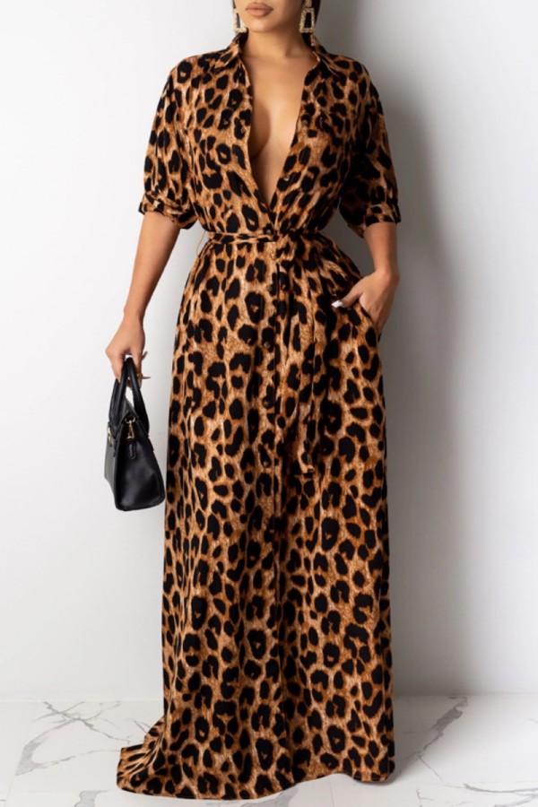 Leopard Print Casual Leopard Patchwork V Neck Long Dress Dresses