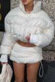 White Casual Street Solid Patchwork Draw String Zipper Collar Outerwear