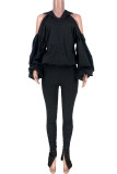 Black Fashion adult Ma'am Street Solid backless Two Piece Suits pencil Long Sleeve Two Pieces