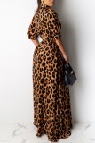 Leopard Print Casual Leopard Patchwork V Neck Long Dress Dresses