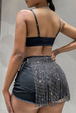Black Sexy Solid Patchwork Sequined Hot Drill High Waist Straight Solid Color Bottoms