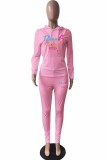 Pink Casual Print Letter Hooded Collar Long Sleeve Two Pieces