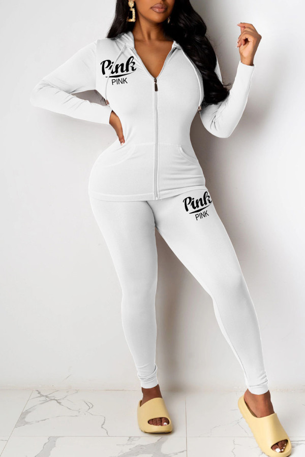 White Casual Print Patchwork Zipper Hooded Collar Long Sleeve Two Pieces