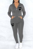 Grey Casual Print Patchwork Hooded Collar Long Sleeve Two Pieces