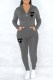Grey Casual Print Patchwork Hooded Collar Long Sleeve Two Pieces