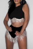 Black Sexy Solid Tassel Patchwork O Neck Sleeveless Two Pieces
