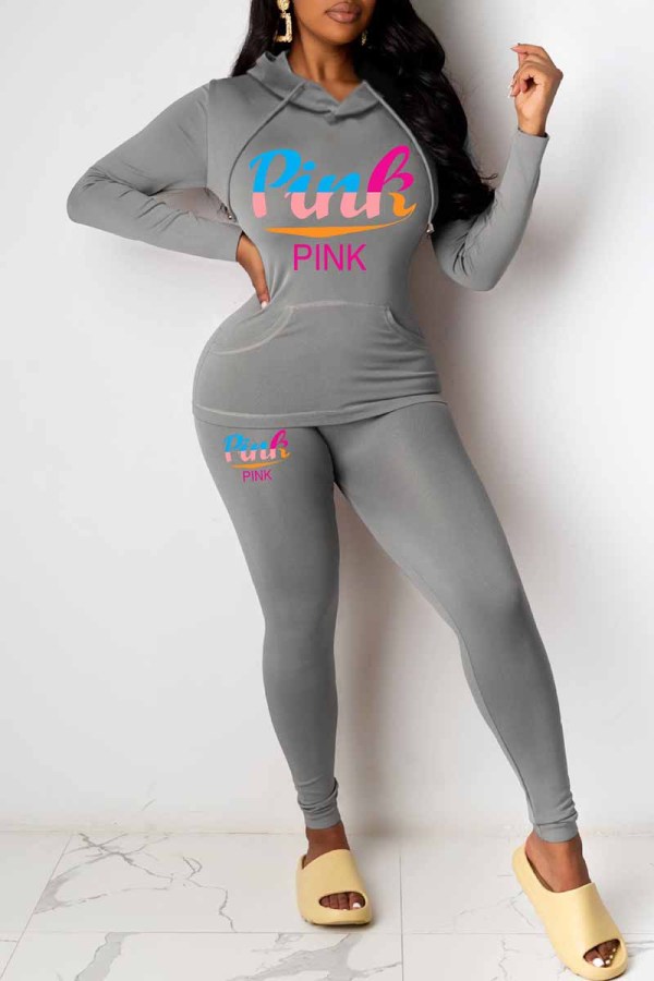Grey Casual Print Letter Hooded Collar Long Sleeve Two Pieces