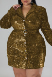 Gold Sexy Solid Sequins Patchwork Buckle Turndown Collar Straight Plus Size Dresses