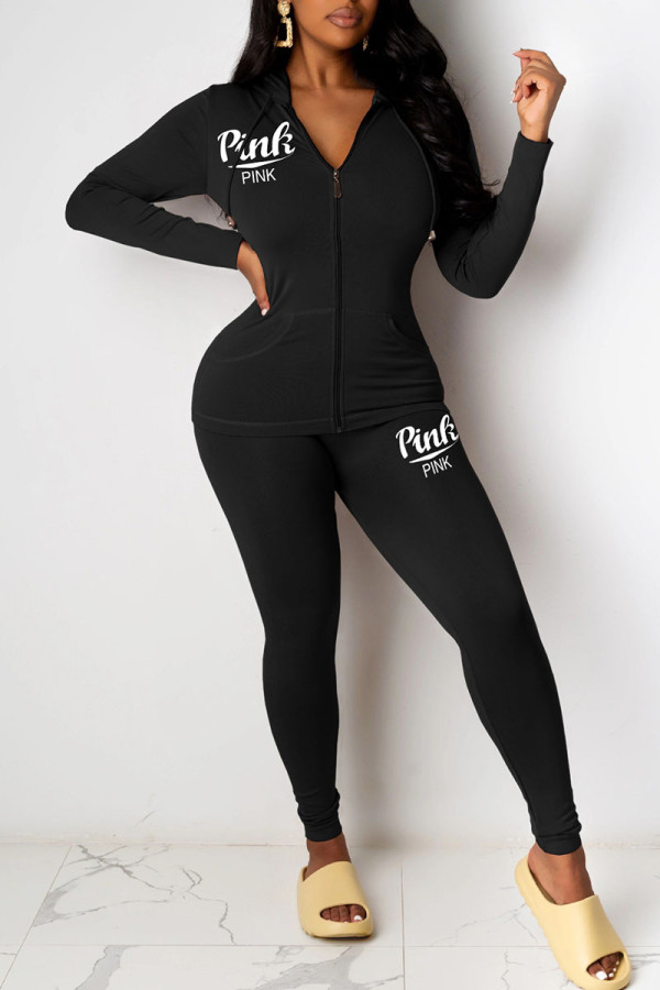 Black Casual Print Patchwork Zipper Hooded Collar Long Sleeve Two Pieces