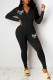 Black Casual Print Patchwork Zipper Hooded Collar Long Sleeve Two Pieces