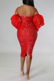 Red Sexy Formal Patchwork Sequins Backless Off the Shoulder Evening Dress Dresses
