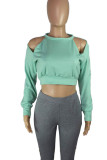 Light Green Casual Solid Hollowed Out Patchwork O Neck Tops
