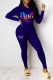 Deep Blue Casual Print Letter Hooded Collar Long Sleeve Two Pieces