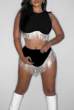 Black Sexy Solid Tassel Patchwork O Neck Sleeveless Two Pieces