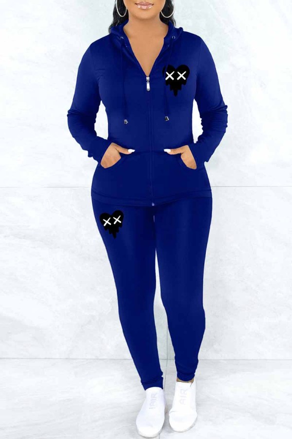 Blue Casual Print Patchwork Hooded Collar Long Sleeve Two Pieces