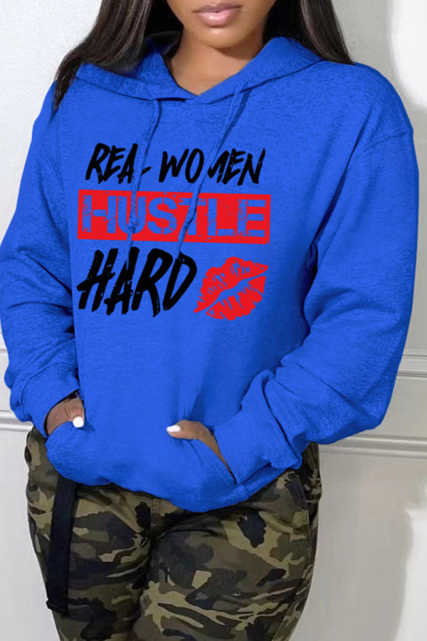 Blue Casual Letter Print Basic Hooded Collar Tops