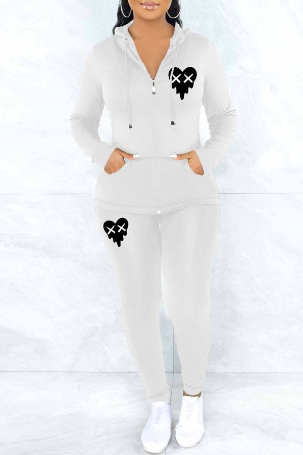 White Casual Print Patchwork Hooded Collar Long Sleeve Two Pieces