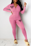 Pink Casual Print Patchwork Zipper Hooded Collar Long Sleeve Two Pieces