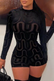 Black Street Print Patchwork Zipper Collar Skinny Rompers