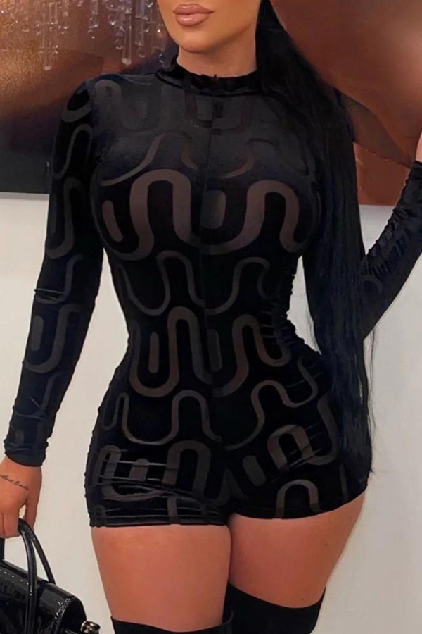 Black Street Print Patchwork Zipper Collar Skinny Rompers