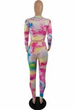 Multicolor Casual Tie Dye Letter Zipper Collar Long Sleeve Two Pieces