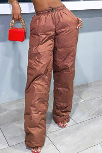 Dark Brown Casual Street Solid Patchwork High Waist Straight Solid Color Bottoms