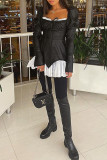 Black Sexy Street Solid Patchwork High Opening Square Collar A Line Dresses
