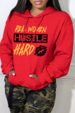 Red Casual Letter Print Basic Hooded Collar Tops