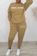 Khaki Casual Print Letter O Neck Long Sleeve Two Pieces