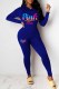 Blue Casual Print Letter Hooded Collar Long Sleeve Two Pieces