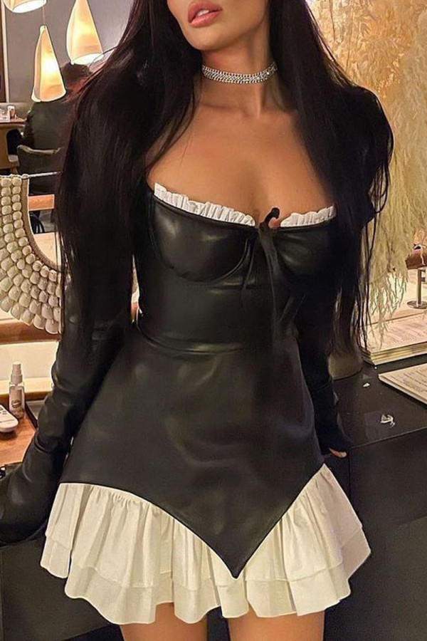 Black Sexy Street Solid Patchwork High Opening Square Collar A Line Dresses
