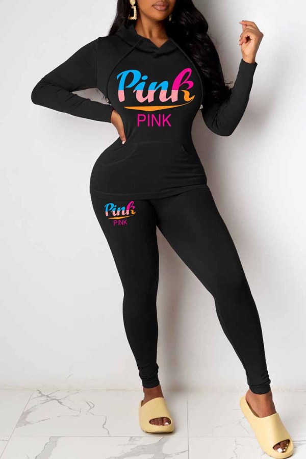 Black Casual Print Letter Hooded Collar Long Sleeve Two Pieces