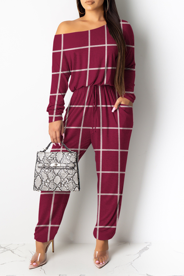 Red Casual Print Leopard Patchwork One Shoulder Harlan Jumpsuits