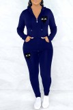 Grey Casual Print Patchwork Hooded Collar Long Sleeve Two Pieces