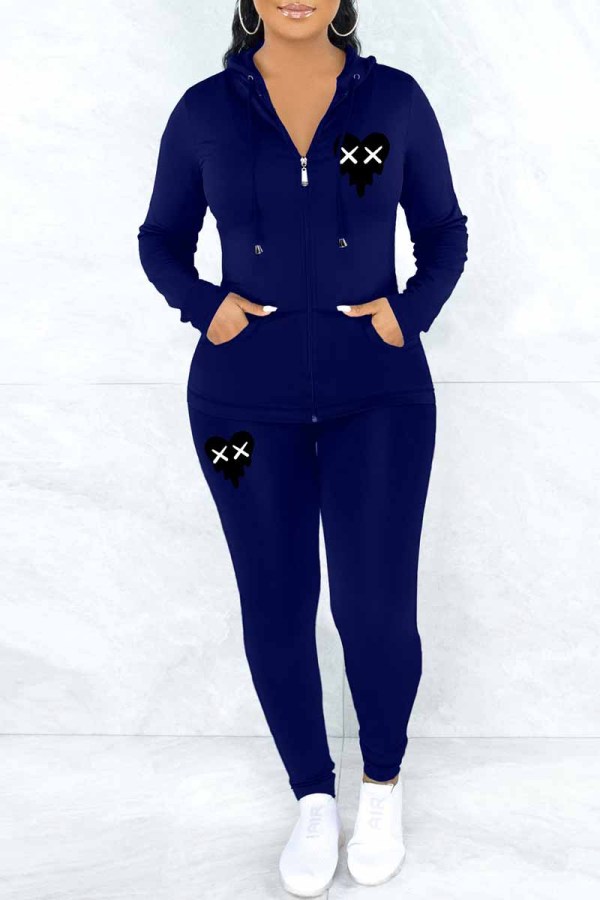 Deep Blue Casual Print Patchwork Hooded Collar Long Sleeve Two Pieces