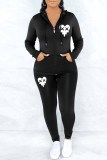 Grey Casual Print Patchwork Hooded Collar Long Sleeve Two Pieces