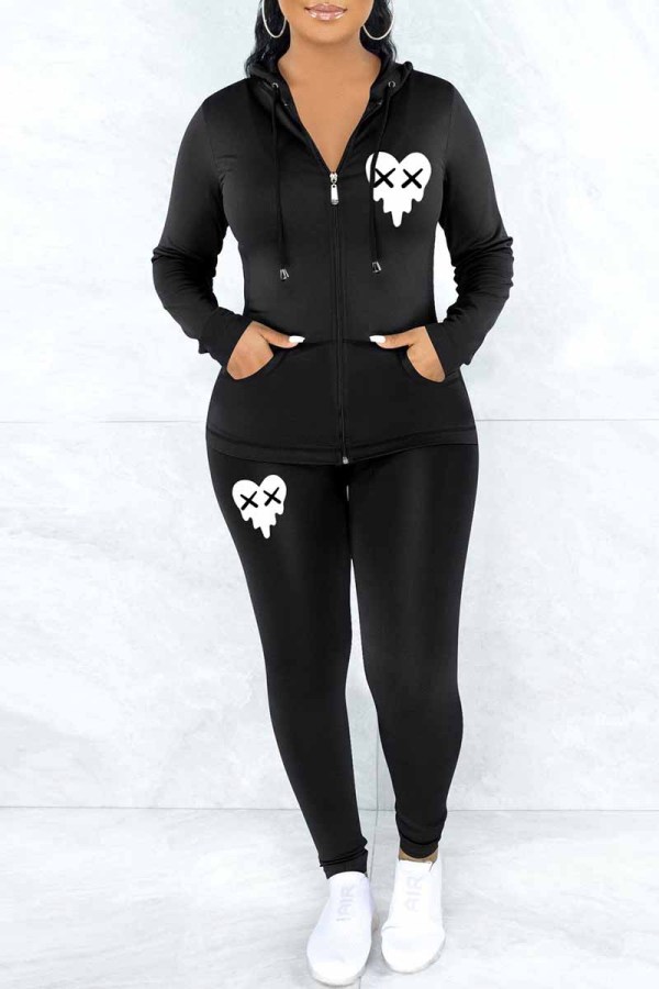 Black Casual Print Patchwork Hooded Collar Long Sleeve Two Pieces