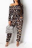 Green Casual Print Leopard Patchwork One Shoulder Harlan Jumpsuits