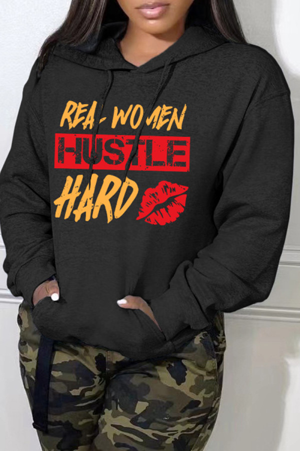 Black Casual Letter Print Basic Hooded Collar Tops
