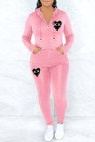 Grey Casual Print Patchwork Hooded Collar Long Sleeve Two Pieces