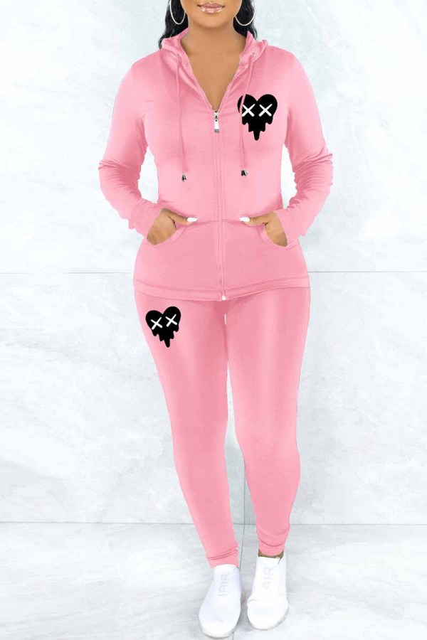 Pink Casual Print Patchwork Hooded Collar Long Sleeve Two Pieces