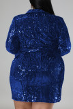 Blue Sexy Solid Sequins Patchwork Buckle Turndown Collar Straight Plus Size Dresses