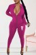 Rose Red Sexy Print Letter Zipper Collar Jumpsuits