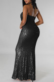 Black Sexy Solid Sequins Patchwork Backless Halter Evening Dress Dresses